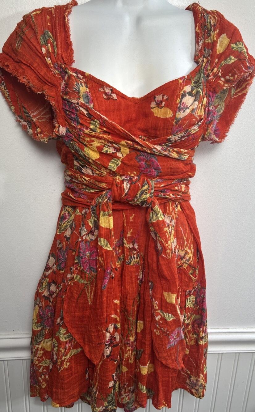 Free People FP One Red Floral Gauze Boho Mini Dress M Tie Wrap S/S Beach
